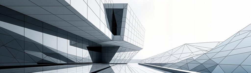 Bâtiment futuriste en verre et acier avec lignes géométriques modernes et structure innovante.