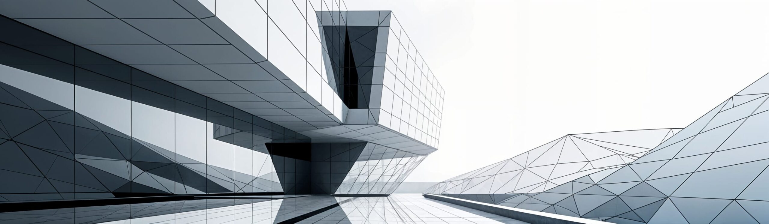 Bâtiment futuriste en verre et acier avec lignes géométriques modernes et structure innovante.