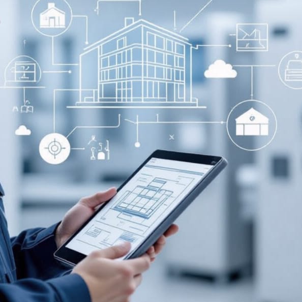 Personne utilisant une tablette pour visualiser des plans de bâtiment et gérer un projet de construction digitalisé.