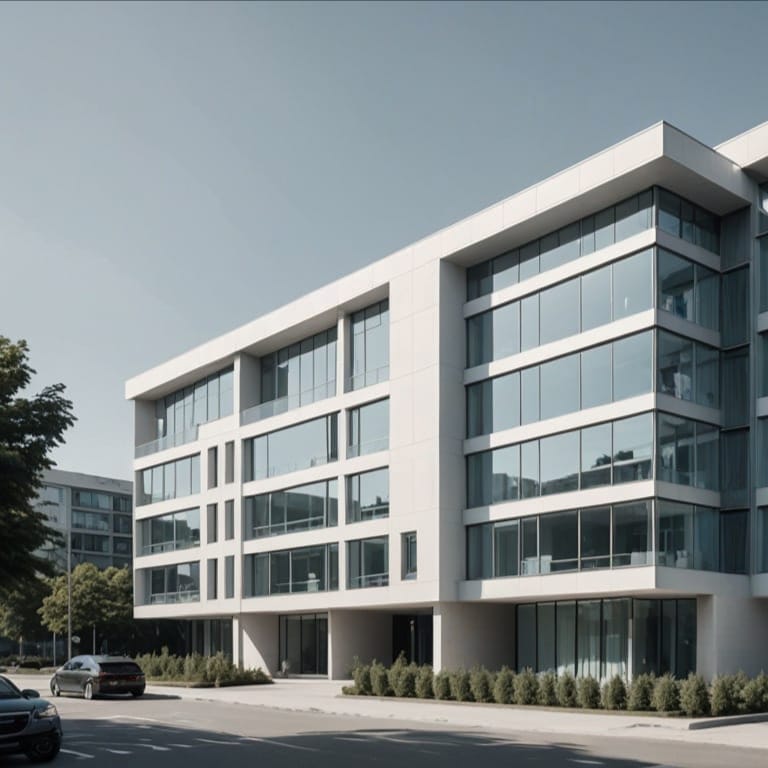 Bâtiment de bureaux contemporain à façade vitrée dans un quartier urbain moderne.