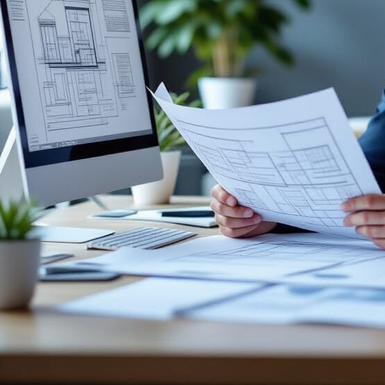 Ingénieur consultant des plans de bâtiment sur écran et documents imprimés dans un bureau moderne.