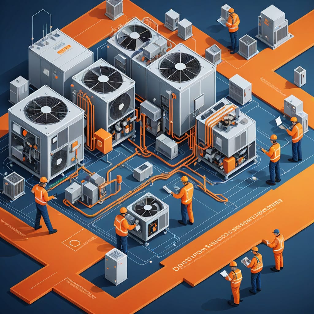 Techniciens en tenue orange installant et entretenant des systèmes CVC industriels avec unités de refroidissement et tuyauterie - illustration isométrique 3D