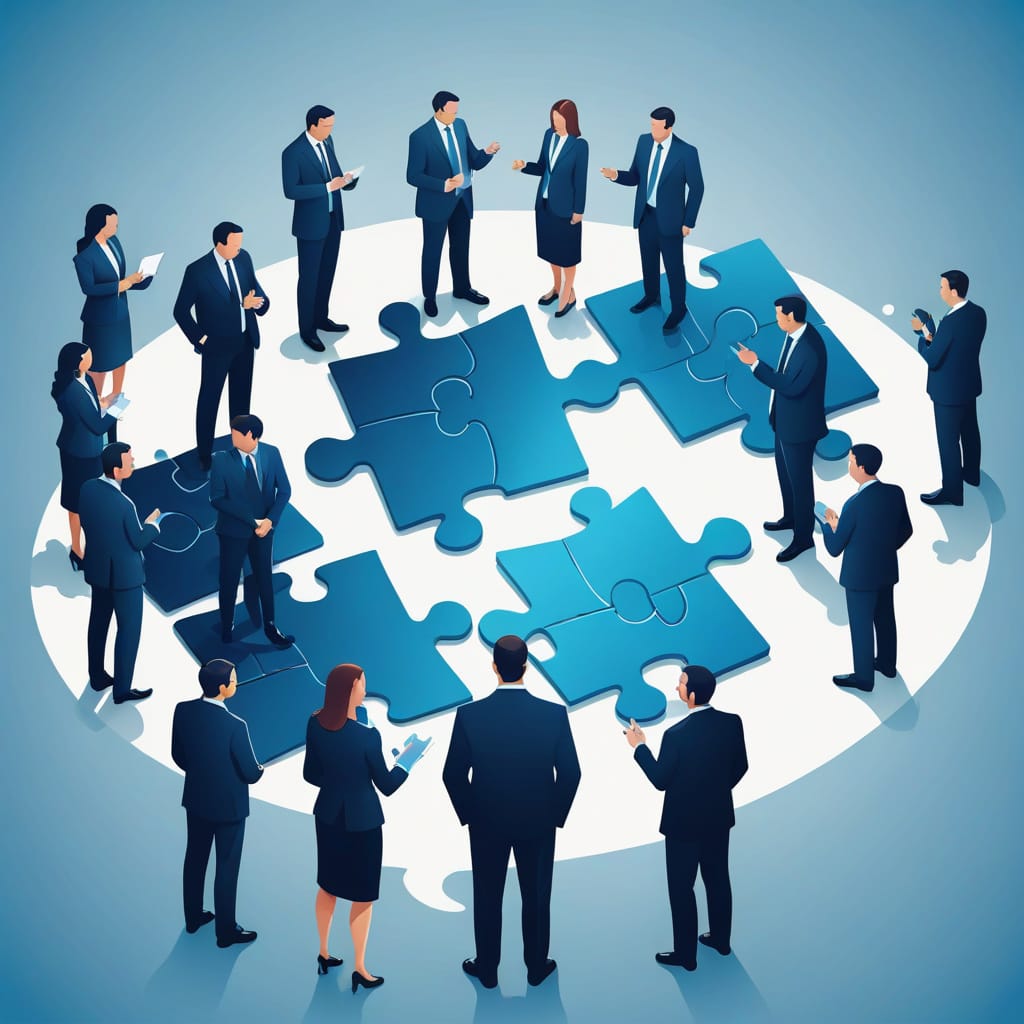 Professionnels en costume assemblant des pièces de puzzle géantes bleues symbolisant la collaboration et le travail d'équipe en entreprise.